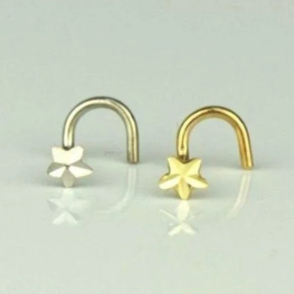 Star Nose Ring Piercing Curve Diamond Cut in Solid Gold 14K / Body Jewelry Nose